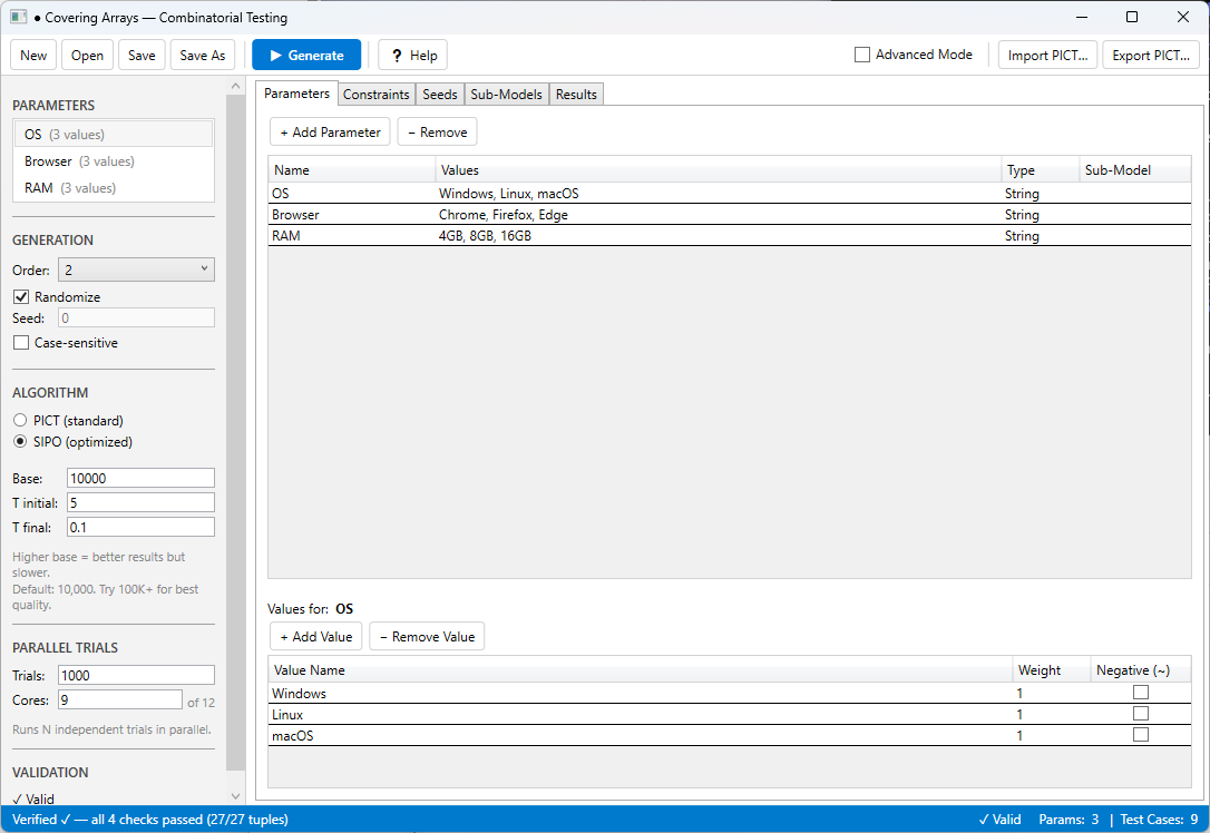 Parameters tab with OS, Browser, and Screen parameters