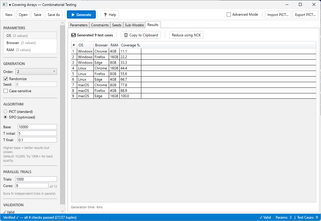 Results tab showing 9 generated test cases