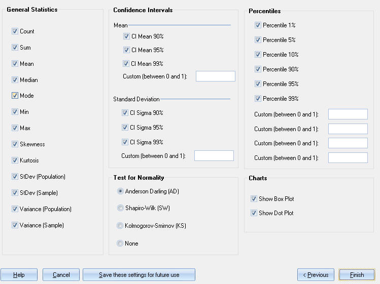 Summary Stats Options