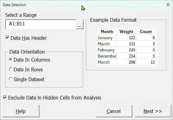 Data selection showing cells A1:B11