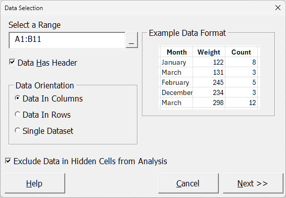Sample data in Excel showing Defect Type and Count columns
