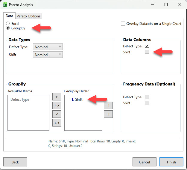 Pareto Analysis dialog with GroupBy configured